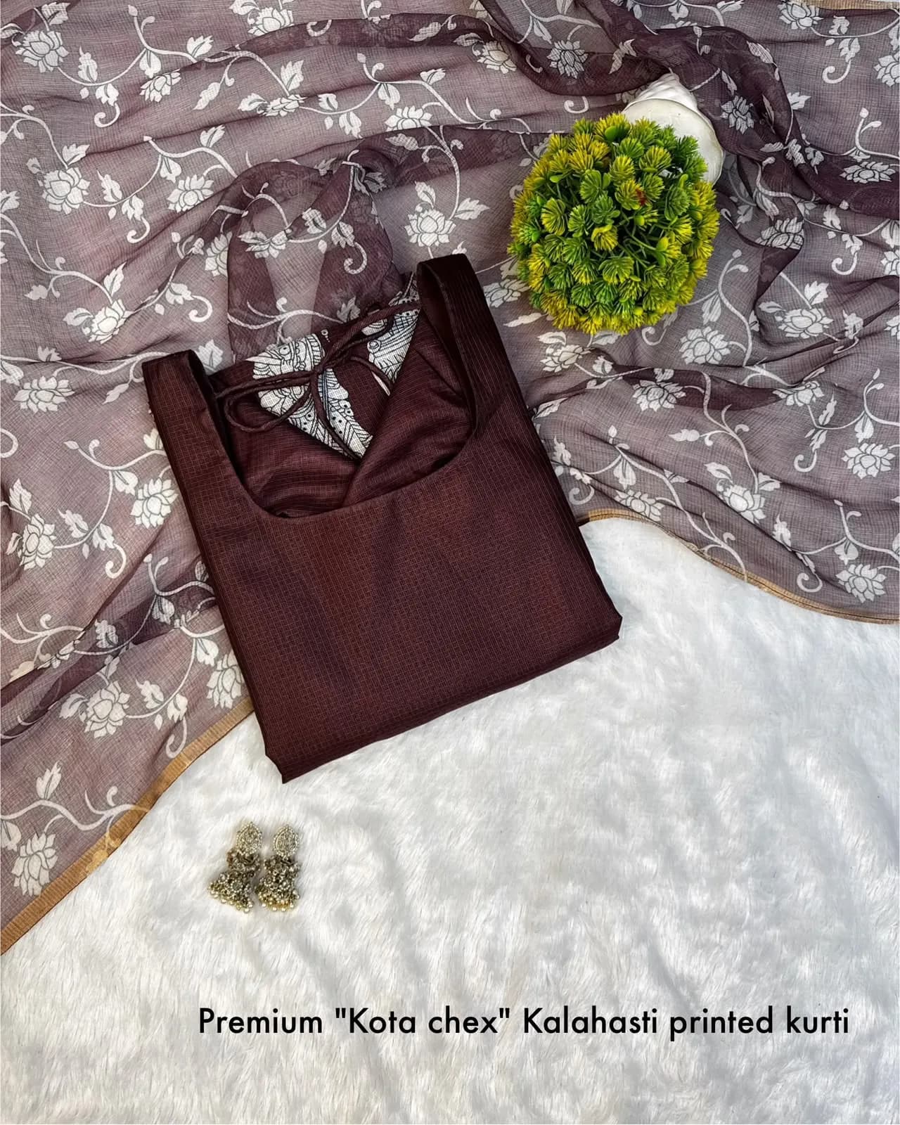 🍁🌸Viral Kalamkari khalahasti  kota chex kurti with kalamkari dupatta🌸🍁