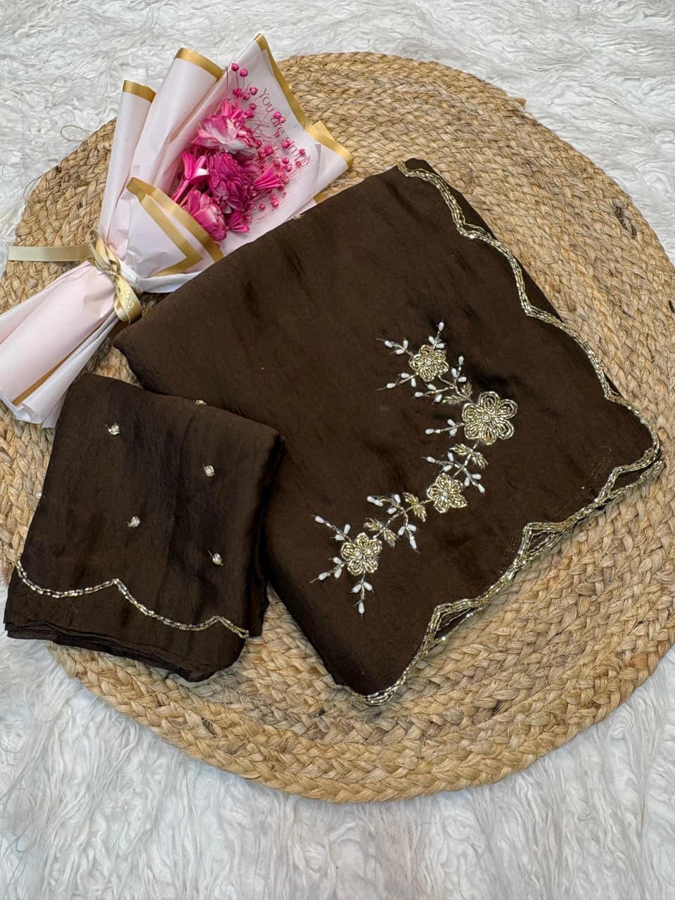 Mocha Handwork Saree with Embroidered Butta