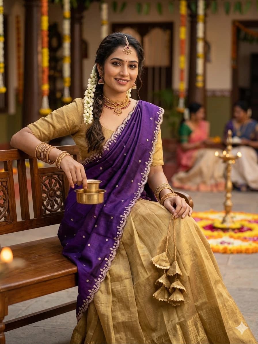 Golden Kanchipuram Half Saree